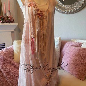 OOAK Boho Gypsy Dress or Tunic Handmade Flowers Linen Lace